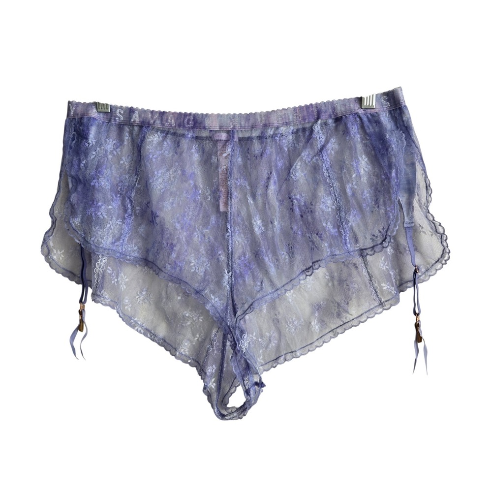 Savage X Fenty 2X Tap Shorts Womens Purple Excellent Lace Garter Floral Lingerie